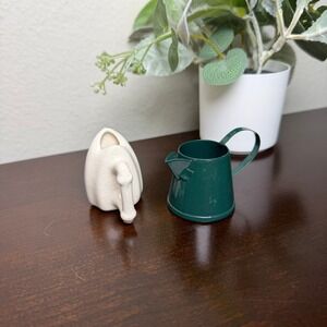 Miniature Ceramic Iron and Green Metal Watering Can Figurine Set Farmhouse Decor
